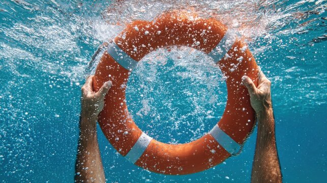 Two hands hold an orange life preserver underwater, bubbles rising around the life preserver in blue water.