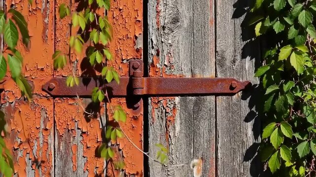 Weathered wooden door with peeling paint and ivy