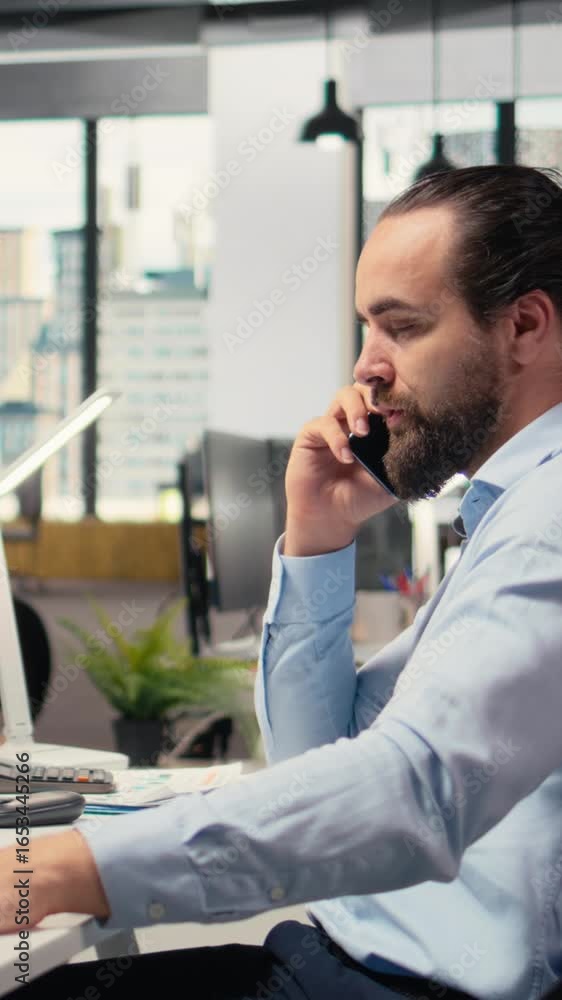 Poster vertical video investment consultant talking in telephone call with client, reviewing portfolio perf