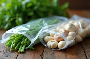 Fresh green vegetables, garlic bulbs vacuum-sealed in plastic packaging. Food preservation for freshness, cooking, nourishment. Packaging protects harvested produce. Includes green stems, garlic