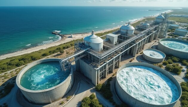 Aerial view of modern clean-energy desalination plant processing seawater into fresh drinking water. Industrial facility with large reservoirs, complex machinery, showing innovation in water