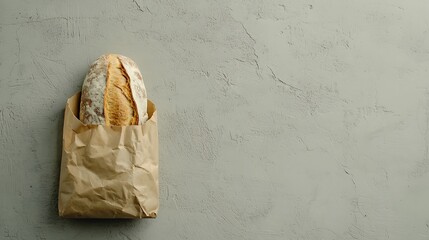 Freshly baked baguette in a paper bag on a textured surface