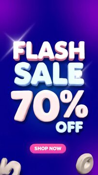 A vibrant digital graphic promoting a 'FLASH SALE 70% OFF' with bold, 3D-style text and a 'SHOP NOW' button on a blue and purple gradient background.