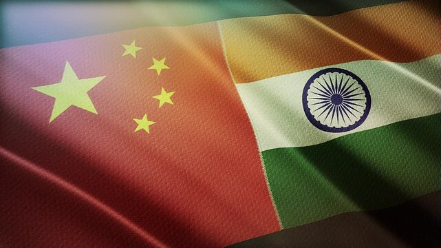 The diagonal and stitched-aligned combined China and India flags are waving in the wind. Concept of Strategic negotiation, national relationship, Conflict, and War. 