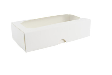 Naklejka premium Closed cardboard box with a window for cakes on a white background