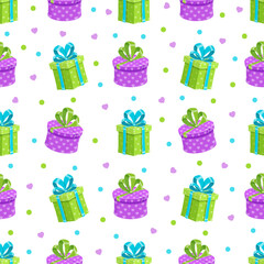 Seamless cartoon pattern of gift boxes with ribbons. Present designs feature bows, perfect for birthday celebrations. Vibrant surprise elements add festive cheer, ideal for party invites.