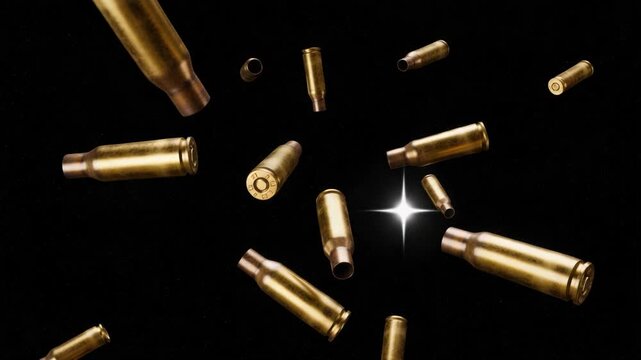 Golden cascade ammunition casings falling against a black backdrop creating dramatic visual motion