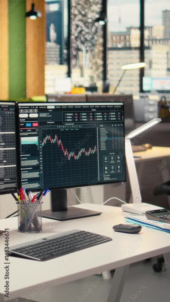 Poster Vertical video Trading software in prop firm office with price graphs and technical indicators visible on screens. Desktop setup for financial experts tracking stock market activity using analytical