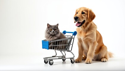 Golden retriever dog, fluffy gray cat sit together with cat in shopping cart. Pets pose playfully, teamwork, companionship. Unusual, humorous scene highlights unique animal friendship, perfect for