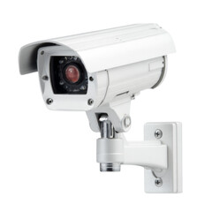 Surveillance camera mounted on wall, designed for security monitoring. This device features sleek white exterior and is equipped with infrared capabilities for low light conditions