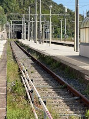 Empty railway tracks leading into tunnel