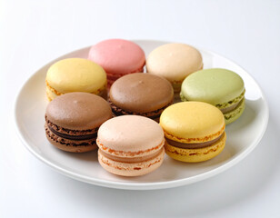 Obraz premium Colorful Macarons on a White Plate, a Delicious Assortment of French Pastries