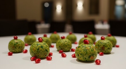 A display of green vegetable balls topped with pomegranate seeds on a white surface in soft lighting