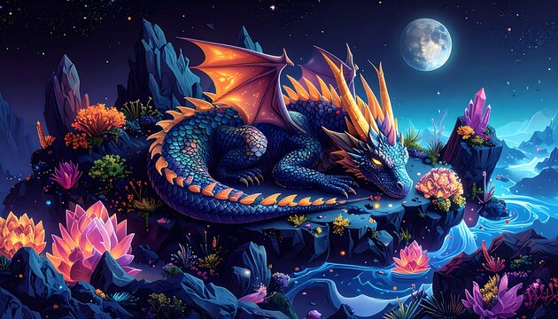 A sleeping dragon amidst a mystical landscape