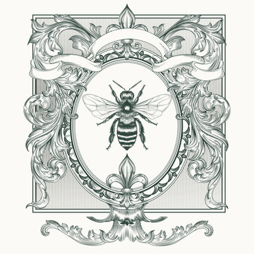 Hand drawn vector frame in vintage victorian style with swirl floral ornaments, retro design with bee