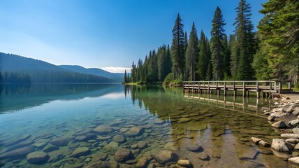 Clear lake with visible rocks and a wooden pier under a blue sky