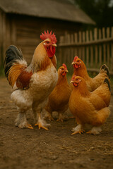 Fototapeta premium AI-generated image of Large Brahma hens and a rooster with feathered legs and impressive size roam around a farmyard.