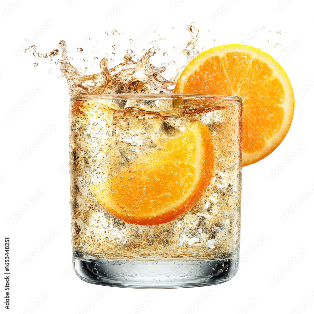Poster refreshing sparkling drink with orange slices and splashes