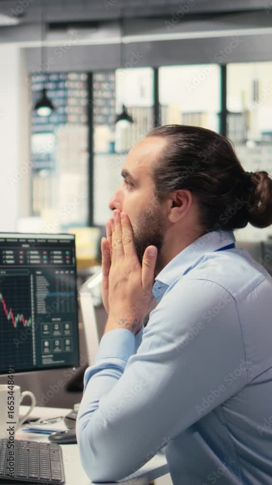 Poster vertical video trader in office expresses concern as investment portfolio value declines after unexp