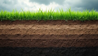 Cross-section layered soil strata with vibrant green grass on top under cloudy sky. Earth layers show different textures, from topsoil to subsoil. Natural landscape, fertile ground for agriculture,