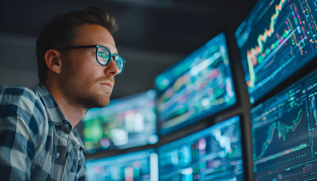 Man analyzing multiple data visualization screens in modern control room with blue light and digital graphs