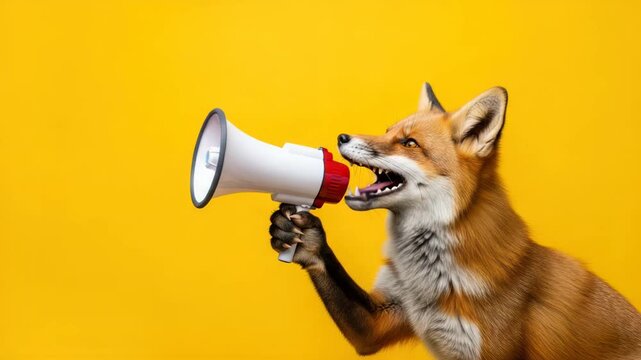 Fox using a megaphone to communicate with animal and human public on bright yellow background to