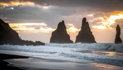 Dramatic sunset over a black sand beach with basalt columns