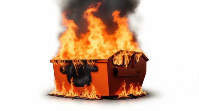 Dumpster engulfed in flames, symbol of crisis, waste, burnout and destruction on white background