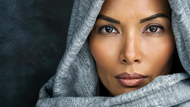 Serene Gaze: The image of a contemplative individual, swathed in a hooded garment, staring intently at the viewer, creating an intriguing and thoughtful feeling.