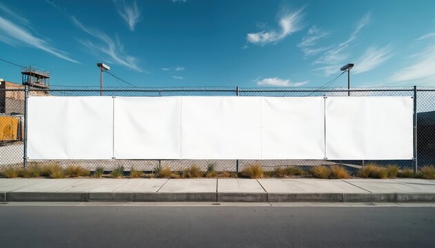 Construction site temporary fence with large blank white advertising banner providing ample space for commercial branding, promotional marketing. Ideal signage for billboards, development projects,