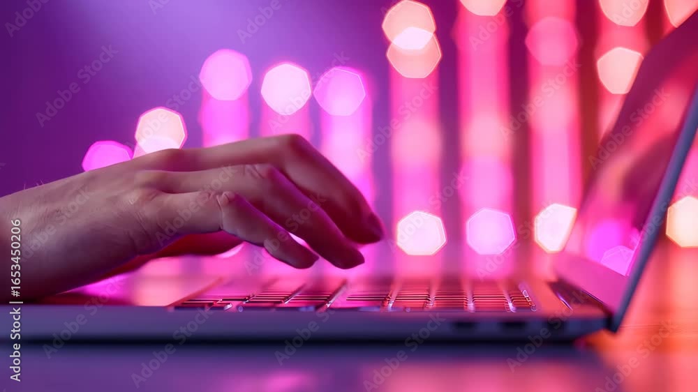 Poster digital task mastery: illuminated hand typing on a sleek laptop, bathed in a vibrant magenta and pur