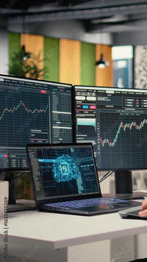Poster vertical video stockbroker using deep learning technology on laptop to assess stock market volatilit