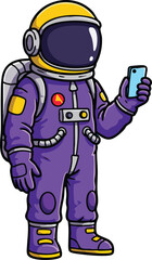 Obraz premium Astronaut in purple and yellow spacesuit holding smartphone vector illustration with detailed helmet and life support backpack 
