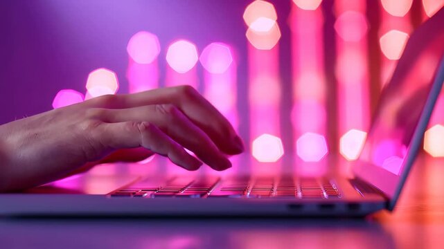 Digital Task Mastery: Illuminated hand typing on a sleek laptop, bathed in a vibrant magenta and purple glow, symbolizing technological fluency and focused digital task execution.