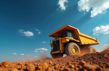 Obraz premium Large yellow dump truck transports dirt at construction site under clear blue sky with scattered clouds. Heavy machinery industrial work, earthmoving power. Vehicle seen in motion, kicking up dust as