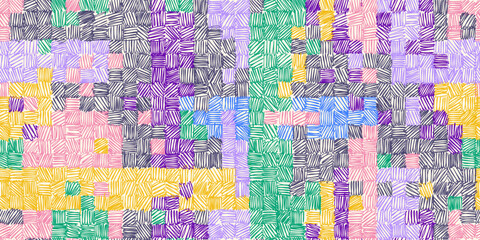 Hand drawn vector seamless pattern. Doodle, uneven artistic hatching in square shapes. Checked artistic modern background.