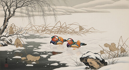 Mandarin Ducks on a Frozen Pond