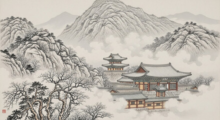 Mountain Temple Veiled in Winter Mist
