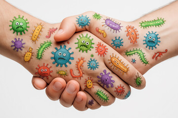 Close-up illustration of diverse colorful germs on two hands shaking to represent microbial interaction and hygiene awareness concept