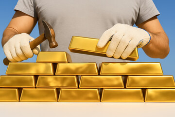 Man building wall from gold bars like bricks with hammer. Concept of wealth foundation, investment security, financial stability, expensive housing, rising real estate prices