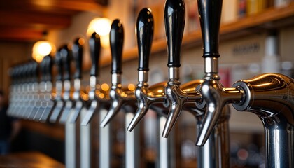 Row of beer taps in pub interior with warm light, Oktoberfest celebration concept