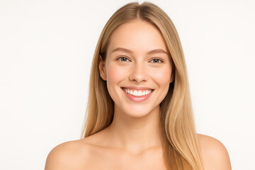 Smiling young woman with long blonde hair against white background. concept of happiness, beauty, positive emotion, natural look