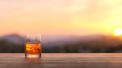 Glass of whiskey with a scenic sunset view