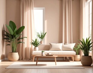 Serene Minimalist Living Room with Lush Green Plants