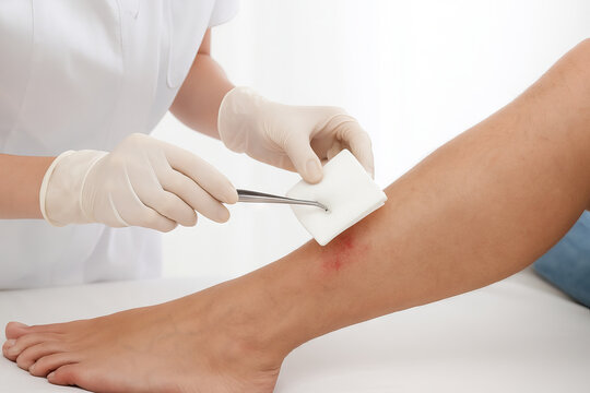 Nurse treating patient's leg wound with gauze and tweezers in medical setting. concept of healthcare, first aid, wound care.