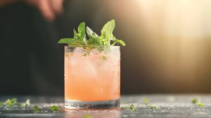 Refreshing pink cocktail garnished with fresh mint leaves