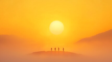Silhouetted figures stand on a hill against a vibrant pixelated sunset