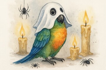 Watercolor parrot wearing ghost mask surrounded by candles and spiders for halloween theme. concept of festive decoration, spooky season, bird illustration