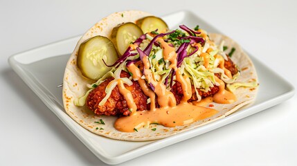 Delicious crispy chicken taco with creamy sauce and fresh toppings
