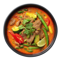 Delicious beef curry with vegetables, lime, and herbs in black bowl. This vibrant dish showcases mix of flavors and colors, perfect for hearty meal